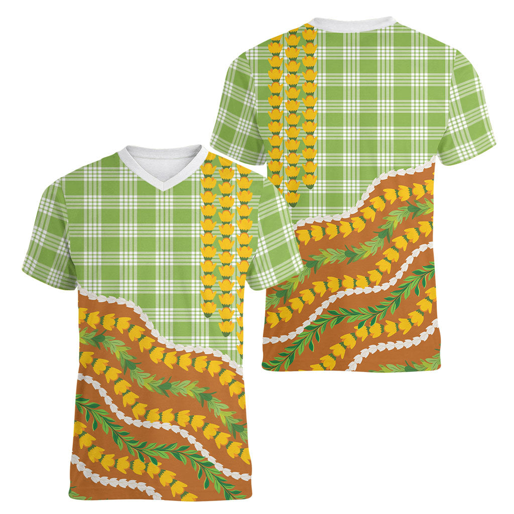 Hawaii Leis Palaka Motifs Women V-Neck T-Shirt Pikake Pakalana Maile Ilima Kakau Style