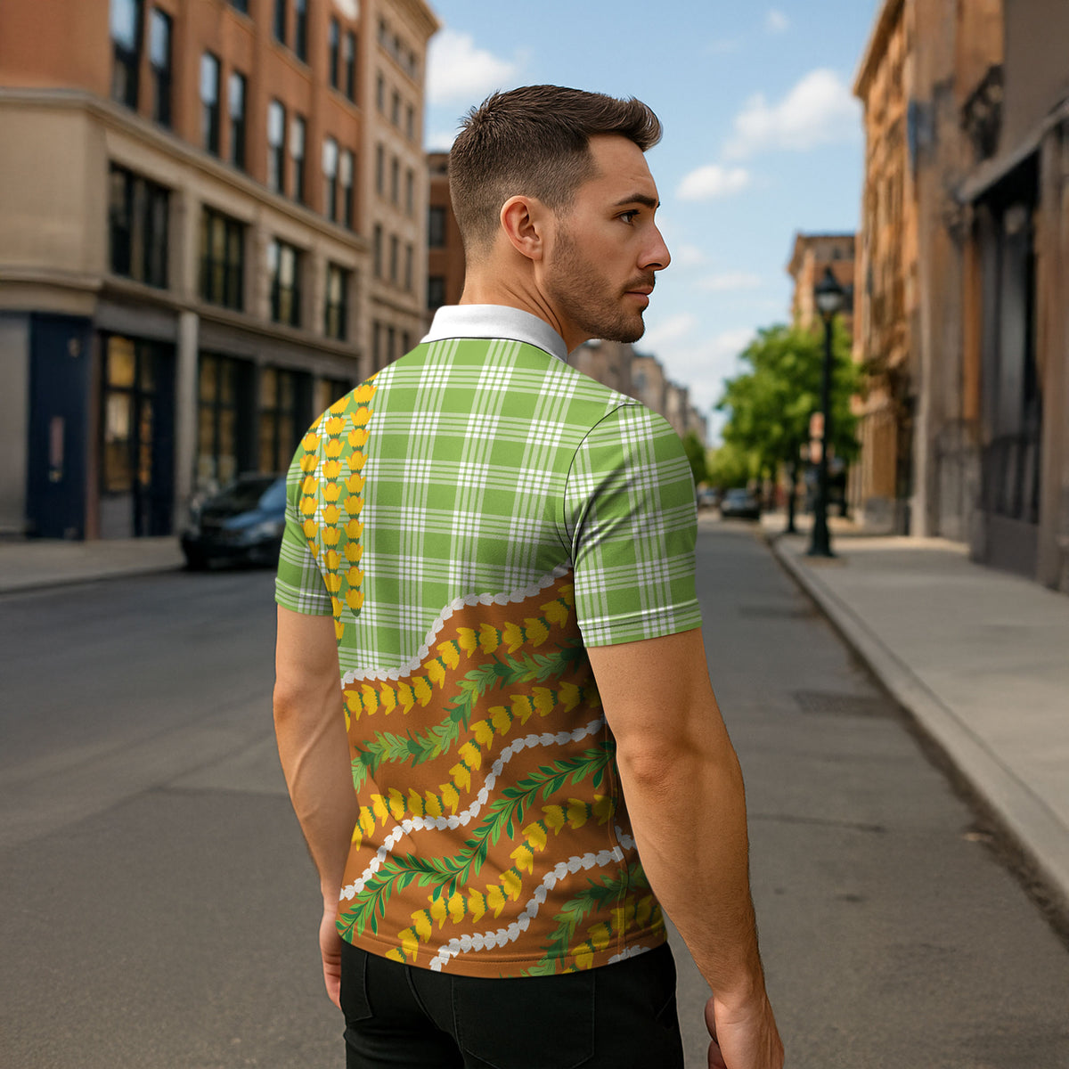 Hawaii Leis Palaka Motifs Zipper Polo Shirt Pikake Pakalana Maile Ilima Kakau Style