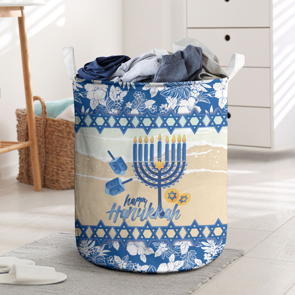 Chanukah Jewish Hawaii Laundry Basket Festival of Lights Hanukkah Menorah Tropical Flowers LT14 Blue - Polynesian Pride