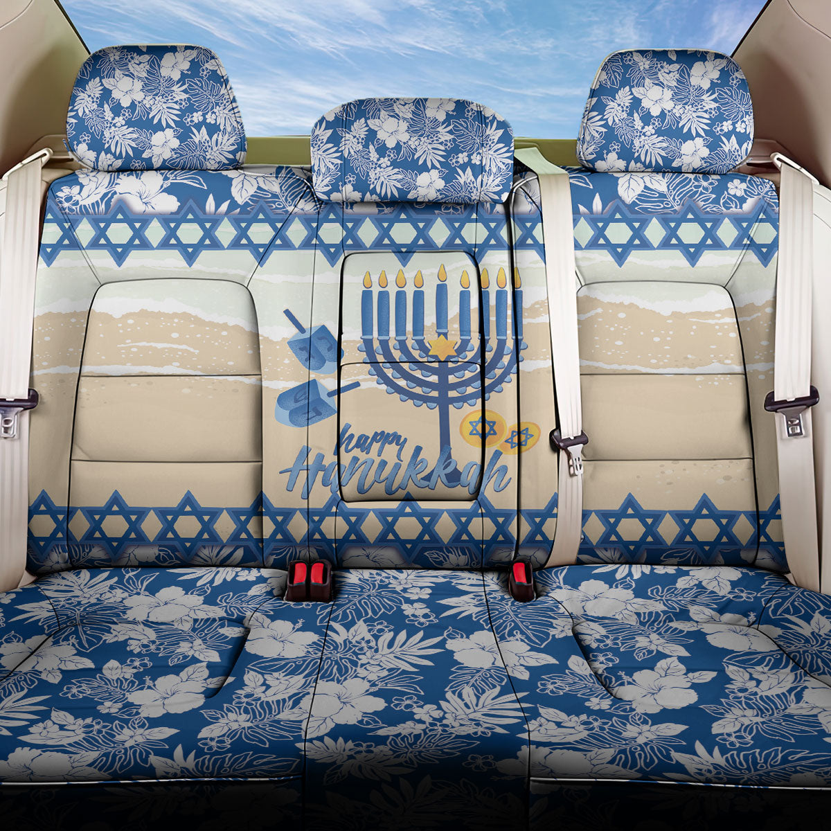Chanukah Jewish Hawaii Back Car Seat Cover Festival of Lights Hanukkah Menorah Tropical Flowers LT14 One Size Blue - Polynesian Pride