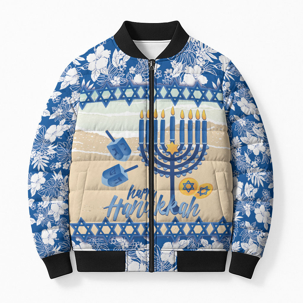 Chanukah Jewish Hawaii Bomber Puffer Jacket Festival of Lights Hanukkah Menorah Tropical Flowers LT14 Unisex Blue - Polynesian Pride