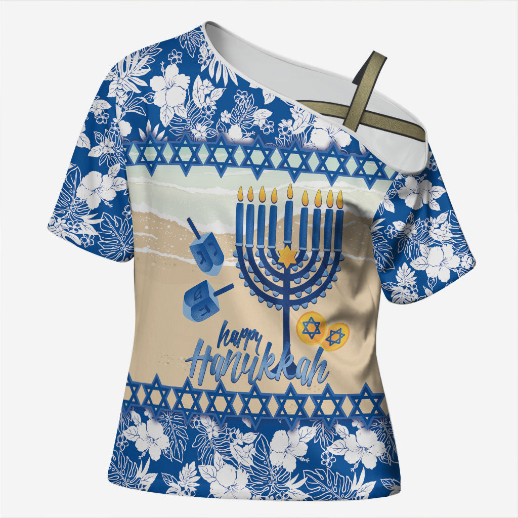 Chanukah Jewish Hawaii Cross Shoulder Shirt Festival of Lights Hanukkah Menorah Tropical Flowers LT14 Female Blue - Polynesian Pride