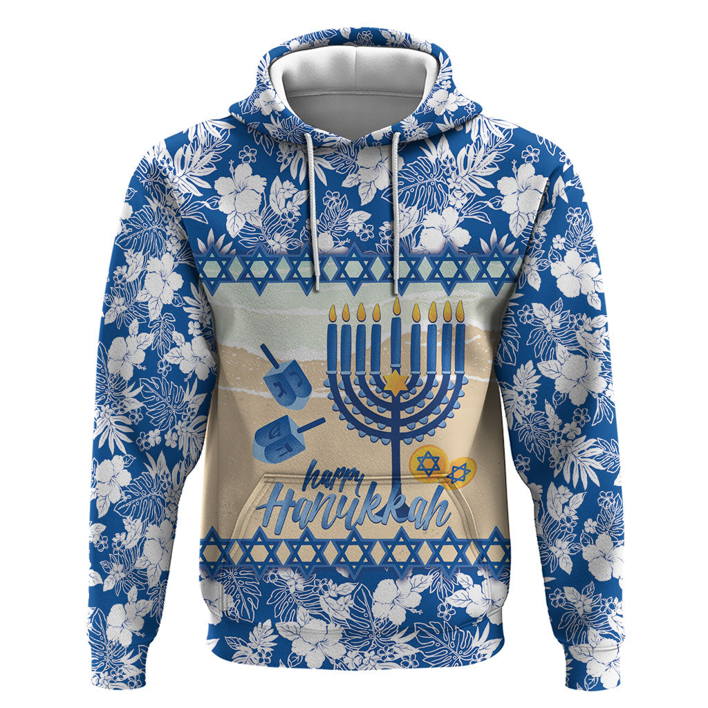 Chanukah Jewish Hawaii Hoodie Festival of Lights Hanukkah Menorah Tropical Flowers LT14 Pullover Hoodie Blue - Polynesian Pride
