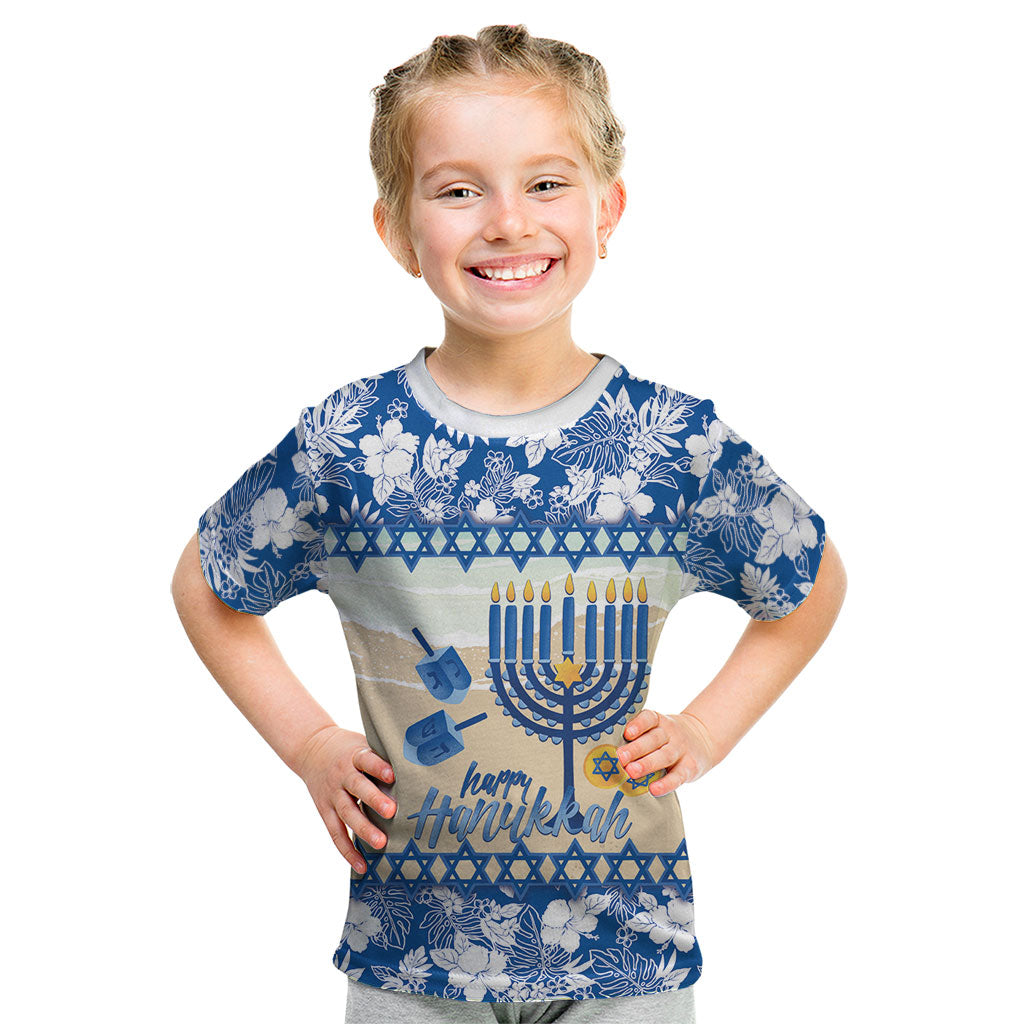 Chanukah Jewish Hawaii Kid T Shirt Festival of Lights Hanukkah Menorah Tropical Flowers LT14 Blue - Polynesian Pride