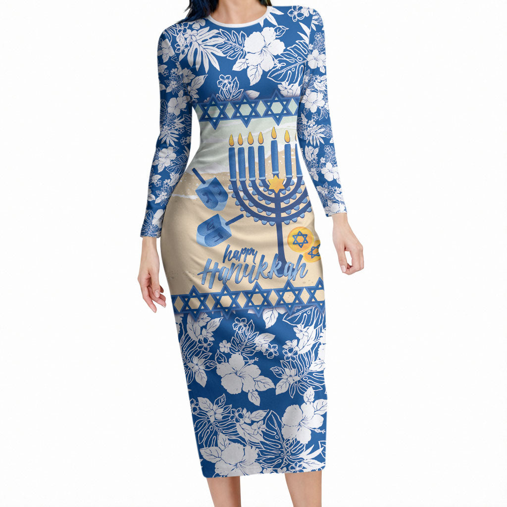 Chanukah Jewish Hawaii Long Sleeve Bodycon Dress Festival of Lights Hanukkah Menorah Tropical Flowers LT14 Long Dress Blue - Polynesian Pride