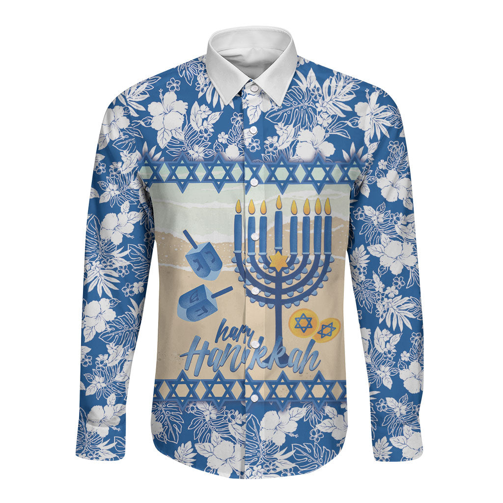 Chanukah Jewish Hawaii Long Sleeve Button Shirt Festival of Lights Hanukkah Menorah Tropical Flowers LT14 Unisex Blue - Polynesian Pride