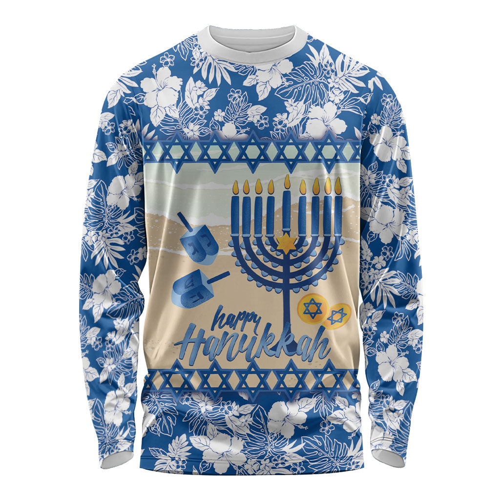 Chanukah Jewish Hawaii Long Sleeve Shirt Festival of Lights Hanukkah Menorah Tropical Flowers LT14 Unisex Blue - Polynesian Pride