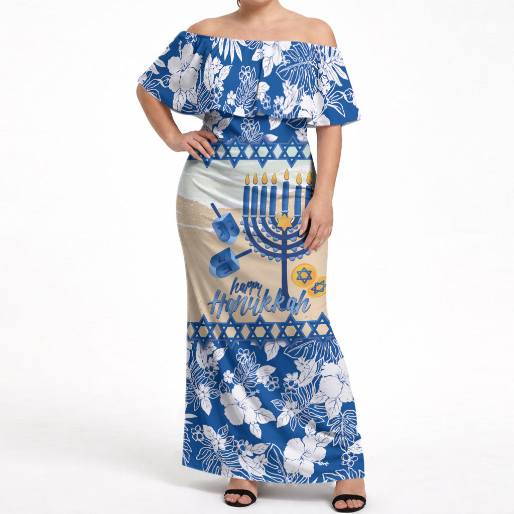Chanukah Jewish Hawaii Off Shoulder Maxi Dress Festival of Lights Hanukkah Menorah Tropical Flowers LT14 Women Blue - Polynesian Pride