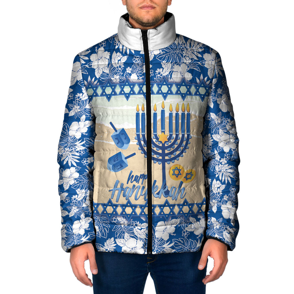 Chanukah Jewish Hawaii Padded Jacket Festival of Lights Hanukkah Menorah Tropical Flowers LT14 Men Blue - Polynesian Pride