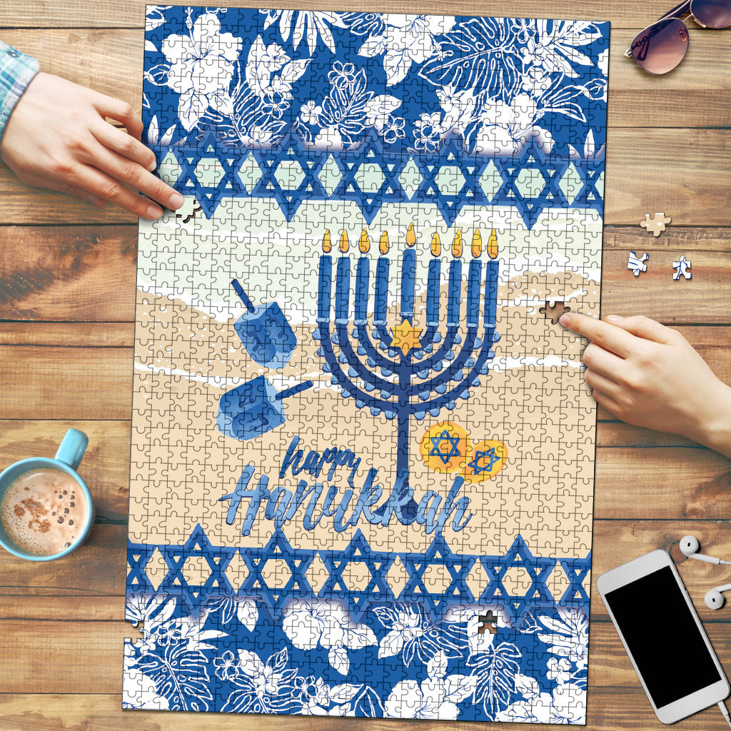 Chanukah Jewish Hawaii Puzzle Festival of Lights Hanukkah Menorah Tropical Flowers LT14 Blue - Polynesian Pride