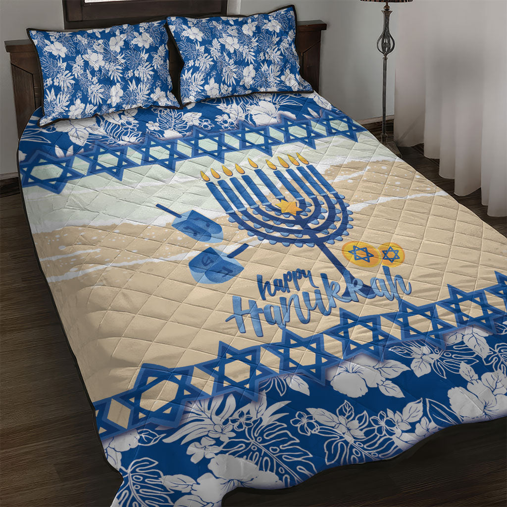 Chanukah Jewish Hawaii Quilt Bed Set Festival of Lights Hanukkah Menorah Tropical Flowers LT14 Blue - Polynesian Pride