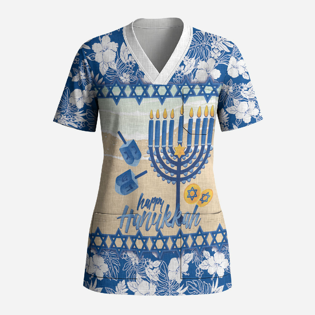 Chanukah Jewish Hawaii Scrub Top Festival of Lights Hanukkah Menorah Tropical Flowers LT14 Adult Blue - Polynesian Pride