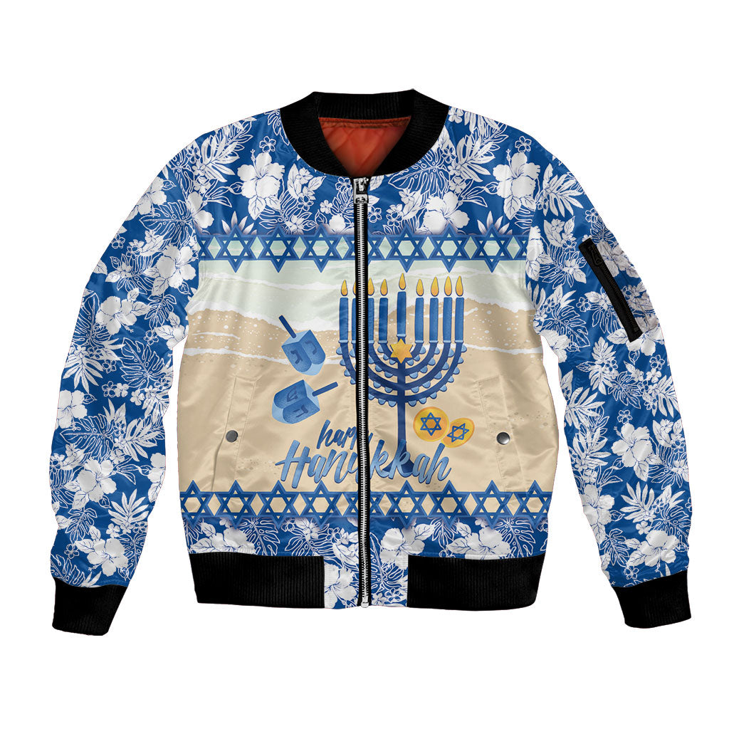 Chanukah Jewish Hawaii Sleeve Zip Bomber Jacket Festival of Lights Hanukkah Menorah Tropical Flowers LT14 Unisex Blue - Polynesian Pride