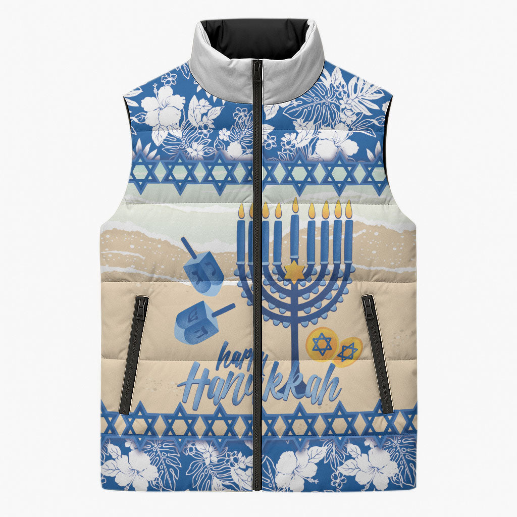 Chanukah Jewish Hawaii Sleeveless Puffer Jacket Festival of Lights Hanukkah Menorah Tropical Flowers LT14 Unisex Blue - Polynesian Pride