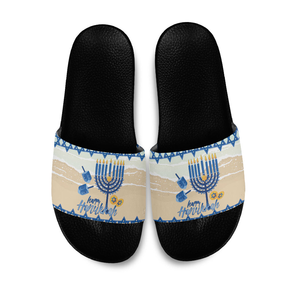 Chanukah Jewish Hawaii Slide Sandals Festival of Lights Hanukkah Menorah Tropical Flowers LT14 Blue - Polynesian Pride