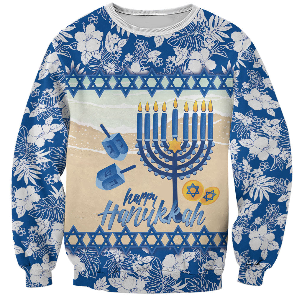 Chanukah Jewish Hawaii Sweatshirt Festival of Lights Hanukkah Menorah Tropical Flowers LT14 Unisex Blue - Polynesian Pride