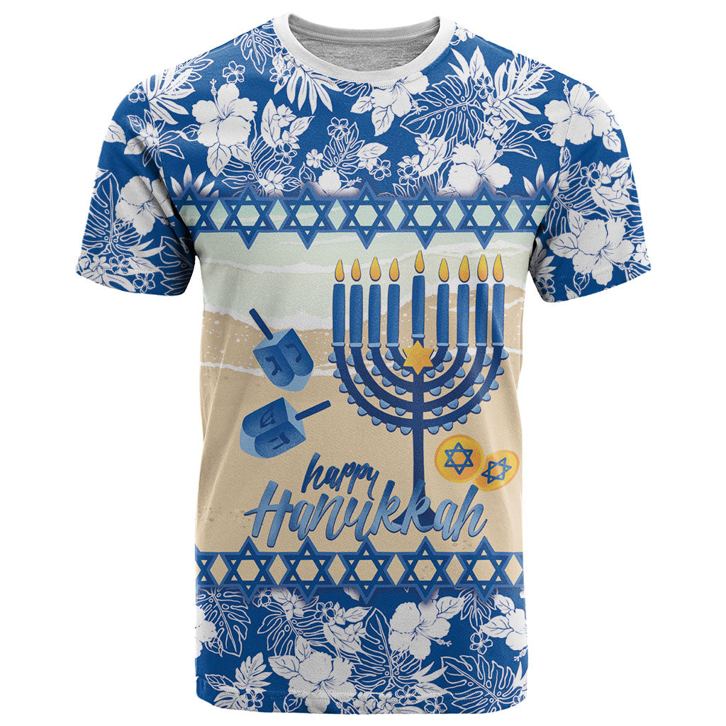 Chanukah Jewish Hawaii T Shirt Festival of Lights Hanukkah Menorah Tropical Flowers LT14 Blue - Polynesian Pride