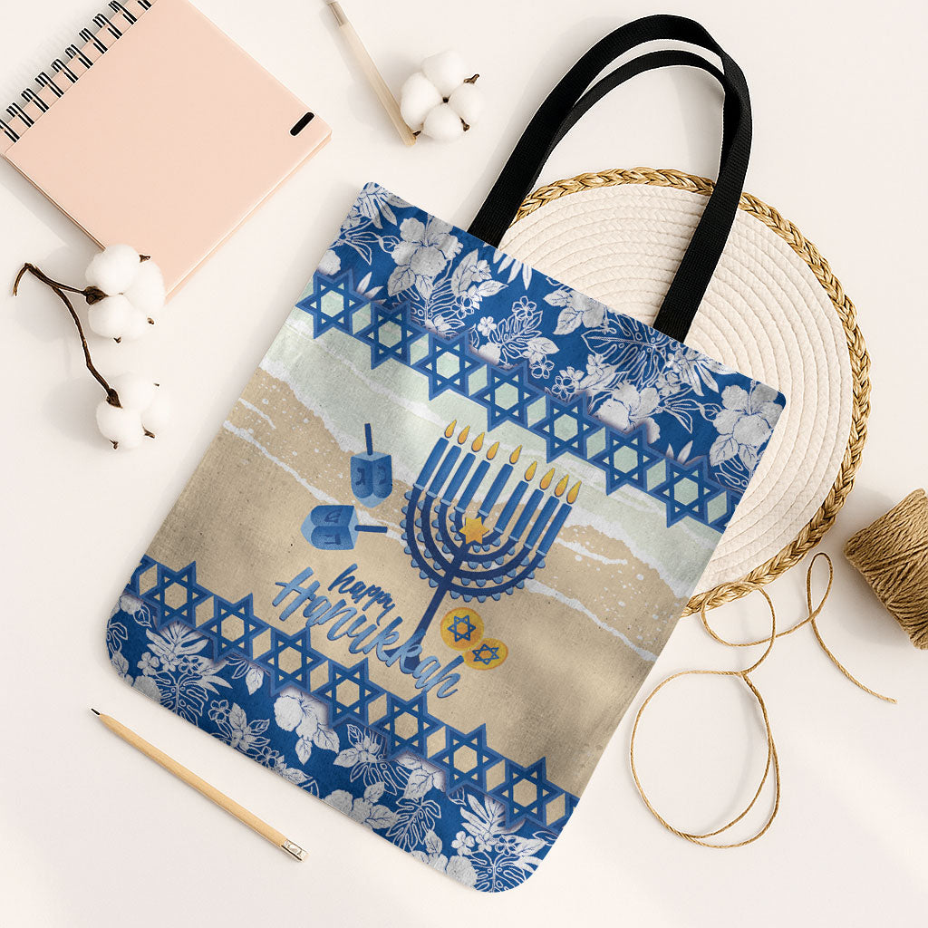 Chanukah Jewish Hawaii Tote Bag Festival of Lights Hanukkah Menorah Tropical Flowers LT14 Black Strap One Size Blue - Polynesian Pride