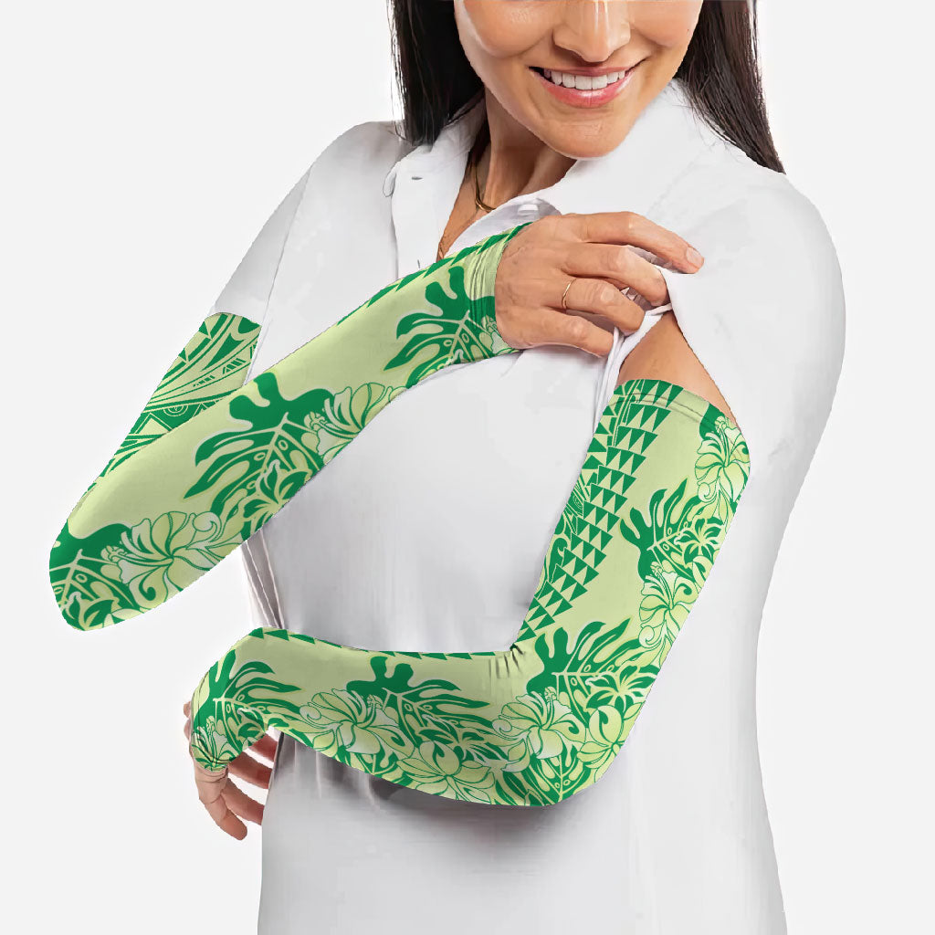 Lime Green Hibiscus Monstera Seamless Kakau Hawaii Arm Sleeves LT14 - Polynesian Pride