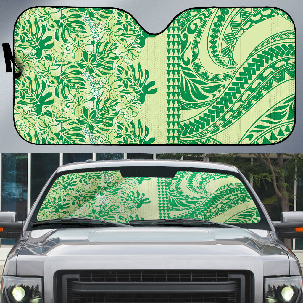Lime Green Hibiscus Monstera Seamless Kakau Hawaii Auto Sun Shade LT14 Lime Green - Polynesian Pride