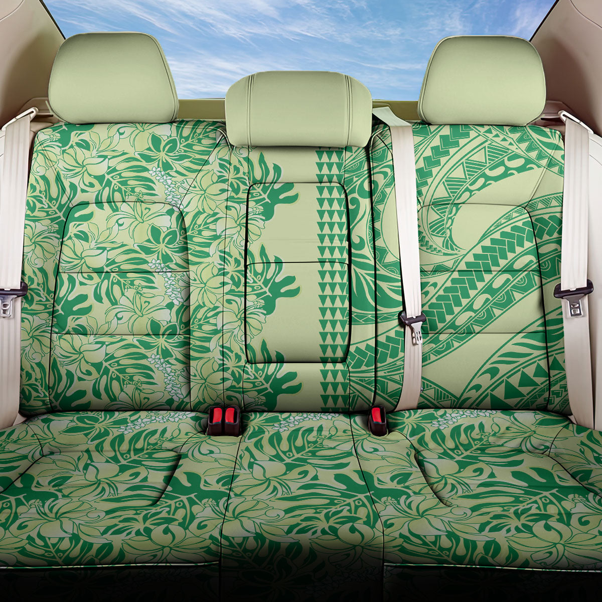 Lime Green Hibiscus Monstera Seamless Kakau Hawaii Back Car Seat Cover LT14 One Size Lime Green - Polynesian Pride