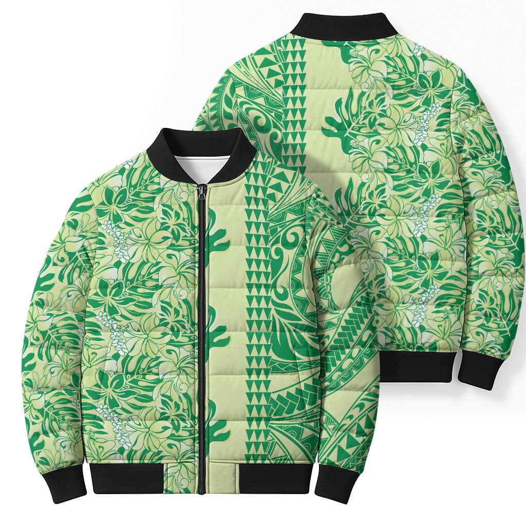 Lime Green Hibiscus Monstera Seamless Kakau Hawaii Bomber Puffer Jacket LT14 - Polynesian Pride