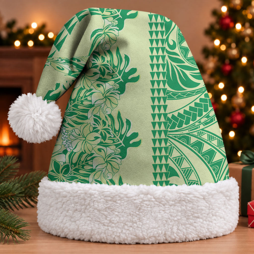 Lime Green Hibiscus Monstera Seamless Kakau Hawaii Christmas Santa Hat LT14 With Fur Lime Green - Polynesian Pride