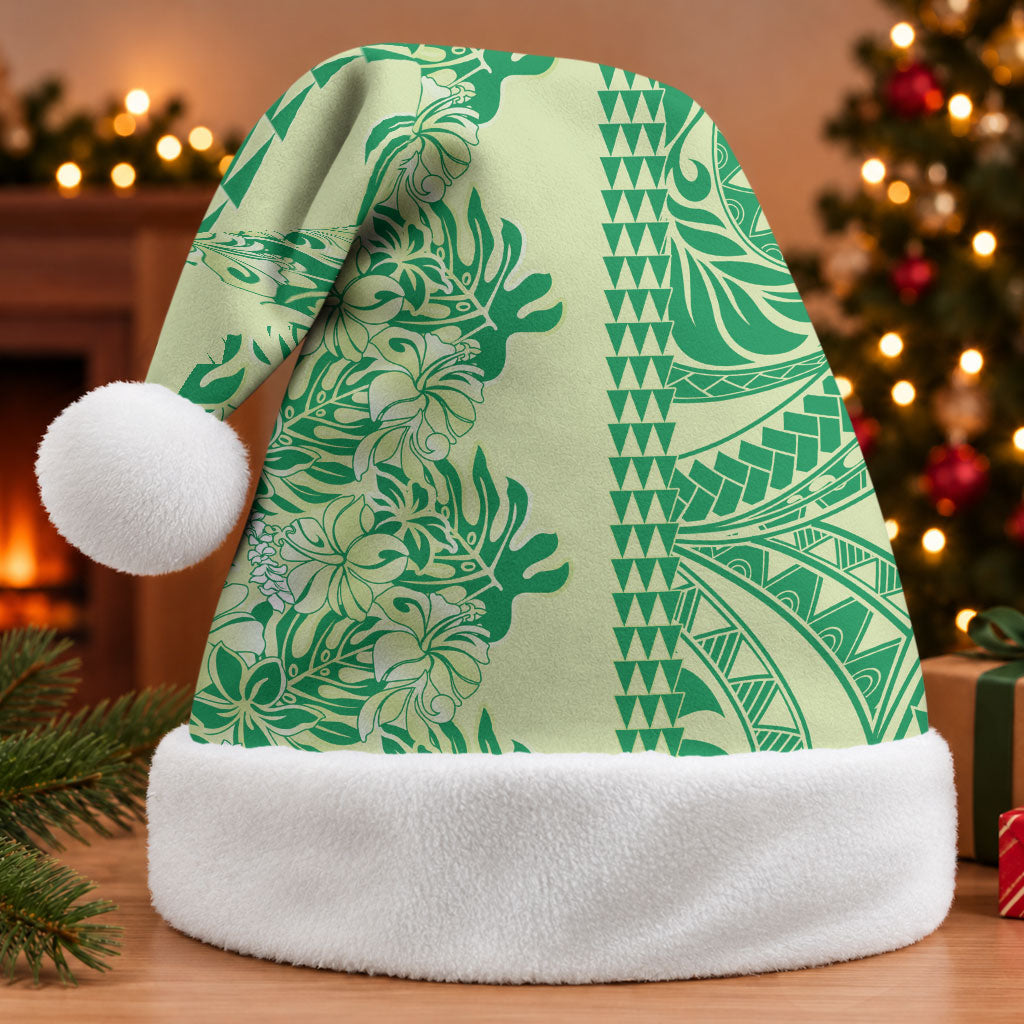 Lime Green Hibiscus Monstera Seamless Kakau Hawaii Christmas Santa Hat LT14 Without Fur Lime Green - Polynesian Pride