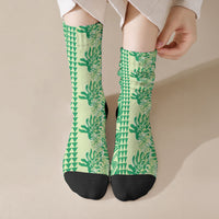 Lime Green Hibiscus Monstera Seamless Kakau Hawaii Crew Socks LT14 Crew Socks Lime Green - Polynesian Pride