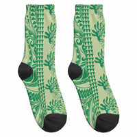 Lime Green Hibiscus Monstera Seamless Kakau Hawaii Crew Socks LT14 - Polynesian Pride