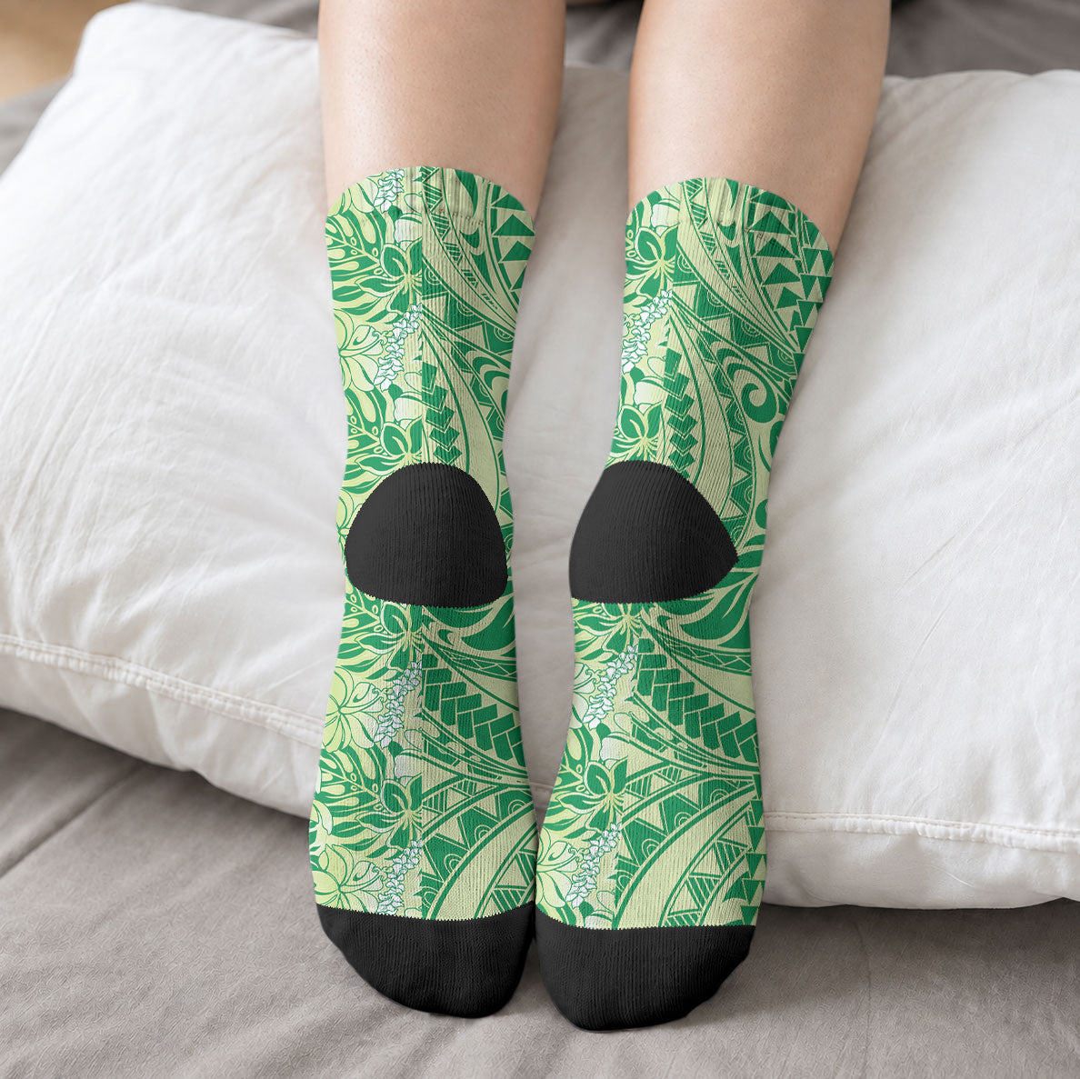 Lime Green Hibiscus Monstera Seamless Kakau Hawaii Crew Socks LT14 - Polynesian Pride