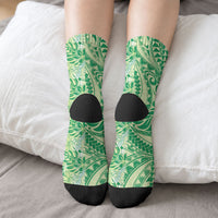 Lime Green Hibiscus Monstera Seamless Kakau Hawaii Crew Socks LT14 - Polynesian Pride