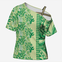 Lime Green Hibiscus Monstera Seamless Kakau Hawaii Cross Shoulder Shirt LT14 Female Lime Green - Polynesian Pride