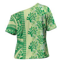 Lime Green Hibiscus Monstera Seamless Kakau Hawaii Cross Shoulder Shirt LT14 - Polynesian Pride