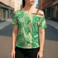 Lime Green Hibiscus Monstera Seamless Kakau Hawaii Cross Shoulder Shirt LT14 - Polynesian Pride