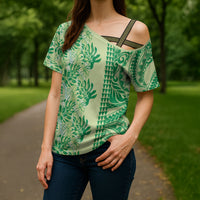Lime Green Hibiscus Monstera Seamless Kakau Hawaii Cross Shoulder Shirt LT14 - Polynesian Pride