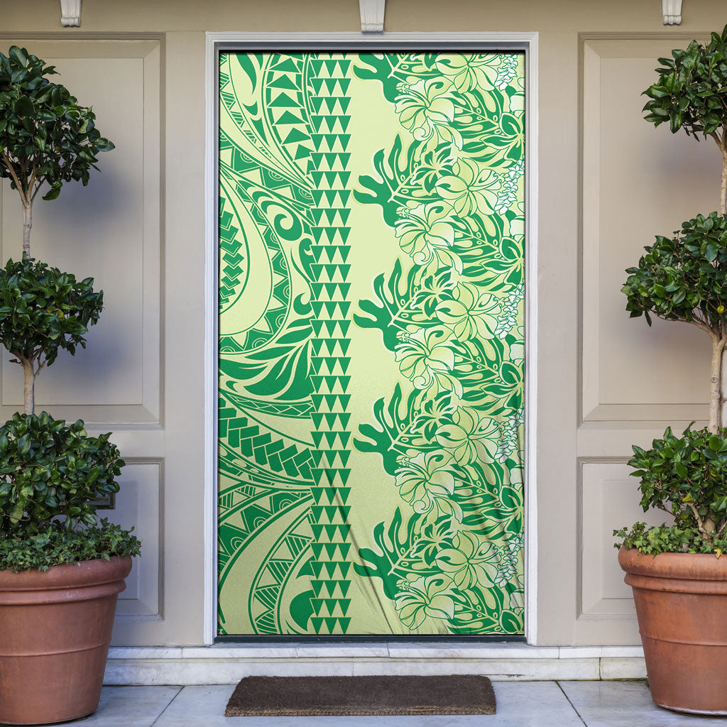 Lime Green Hibiscus Monstera Seamless Kakau Hawaii Door Cover LT14 Lime Green - Polynesian Pride