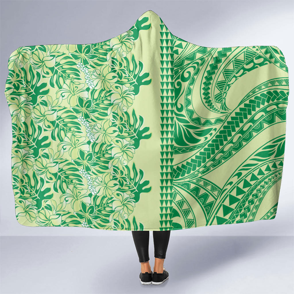 Lime Green Hibiscus Monstera Seamless Kakau Hawaii Hooded Blanket LT14 One Size Lime Green - Polynesian Pride