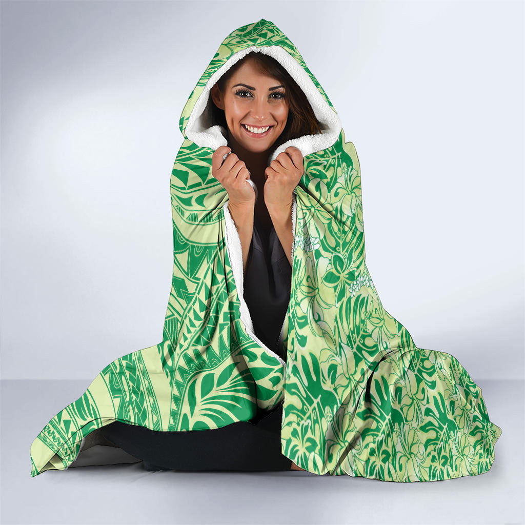 Lime Green Hibiscus Monstera Seamless Kakau Hawaii Hooded Blanket LT14 - Polynesian Pride