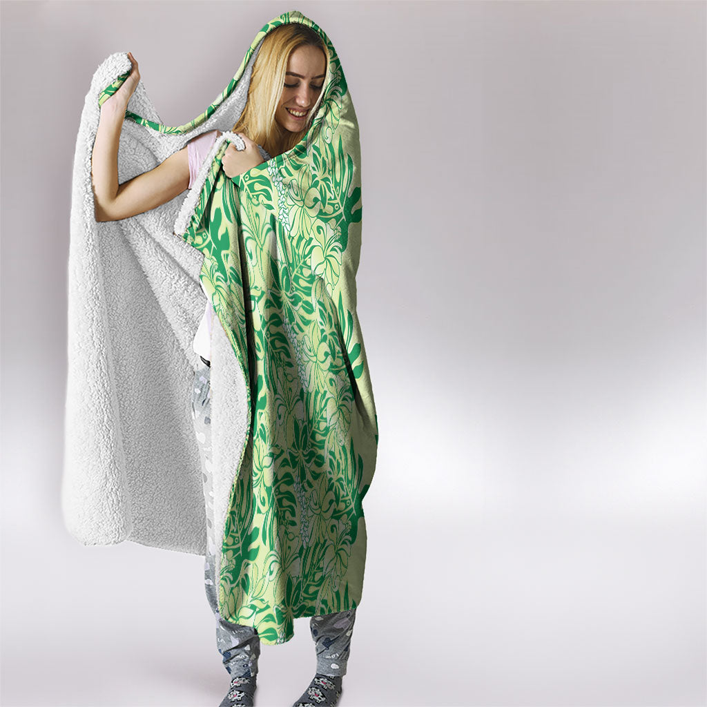 Lime Green Hibiscus Monstera Seamless Kakau Hawaii Hooded Blanket LT14 - Polynesian Pride