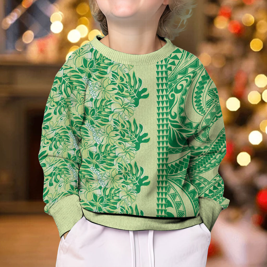 Lime Green Hibiscus Monstera Seamless Kakau Hawaii Kid Ugly Christmas Sweater LT14 - Polynesian Pride