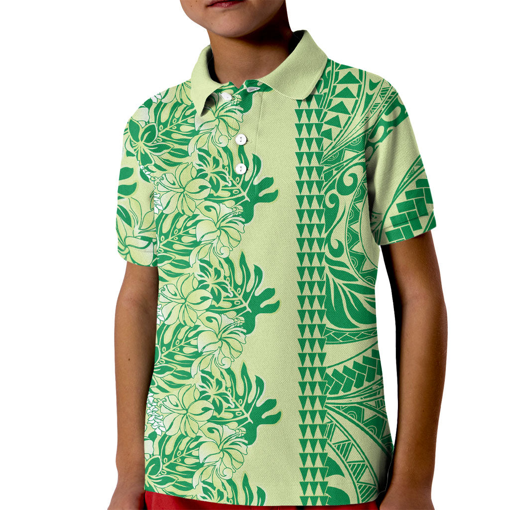 Lime Green Hibiscus Monstera Seamless Kakau Hawaii Kid Polo Shirt LT14 Kid Lime Green - Polynesian Pride
