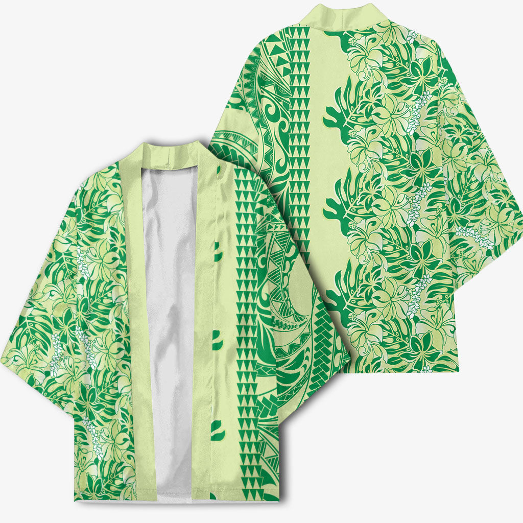 Lime Green Hibiscus Monstera Seamless Kakau Hawaii Kimono LT14 - Polynesian Pride