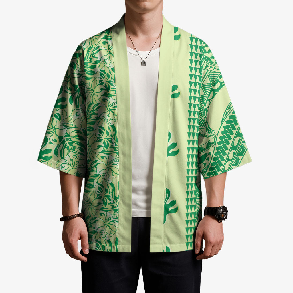 Lime Green Hibiscus Monstera Seamless Kakau Hawaii Kimono LT14 - Polynesian Pride