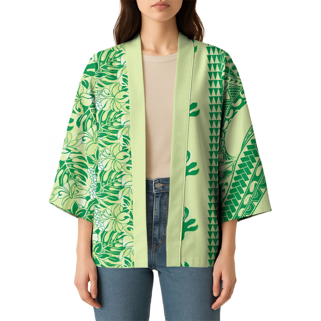 Lime Green Hibiscus Monstera Seamless Kakau Hawaii Kimono LT14 - Polynesian Pride