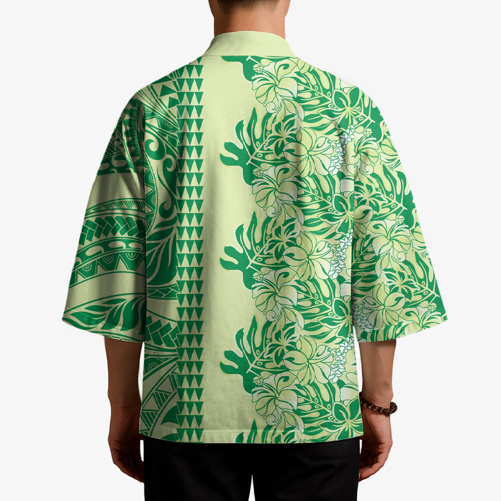 Lime Green Hibiscus Monstera Seamless Kakau Hawaii Kimono LT14 - Polynesian Pride