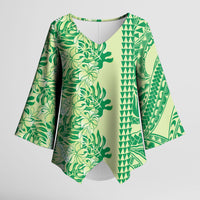 Lime Green Hibiscus Monstera Seamless Kakau Hawaii Kimono Sleeve Blouse LT14 Female Lime Green - Polynesian Pride