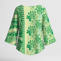 Lime Green Hibiscus Monstera Seamless Kakau Hawaii Kimono Sleeve Blouse LT14 - Polynesian Pride