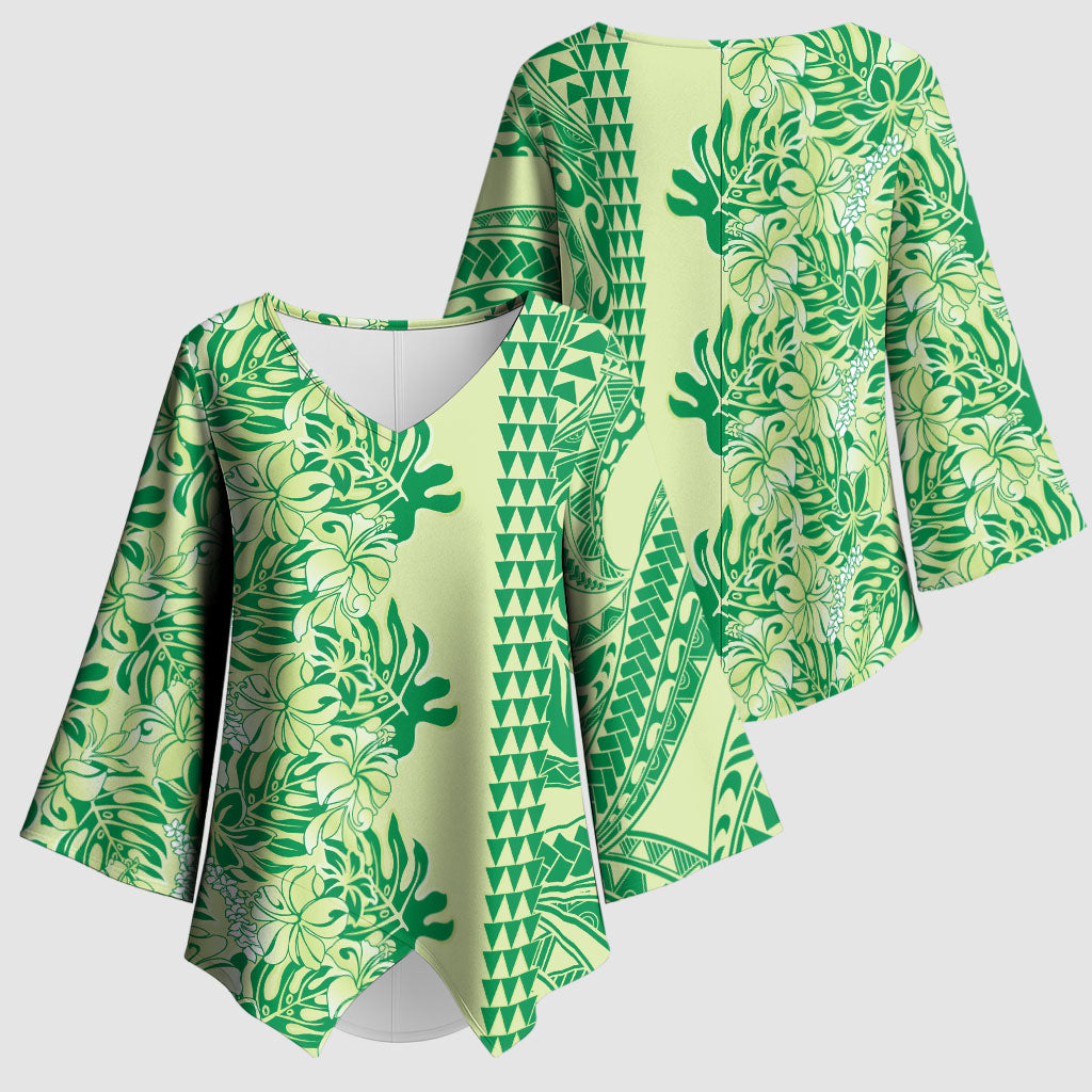 Lime Green Hibiscus Monstera Seamless Kakau Hawaii Kimono Sleeve Blouse LT14 - Polynesian Pride
