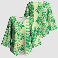 Lime Green Hibiscus Monstera Seamless Kakau Hawaii Kimono Sleeve Blouse LT14 - Polynesian Pride